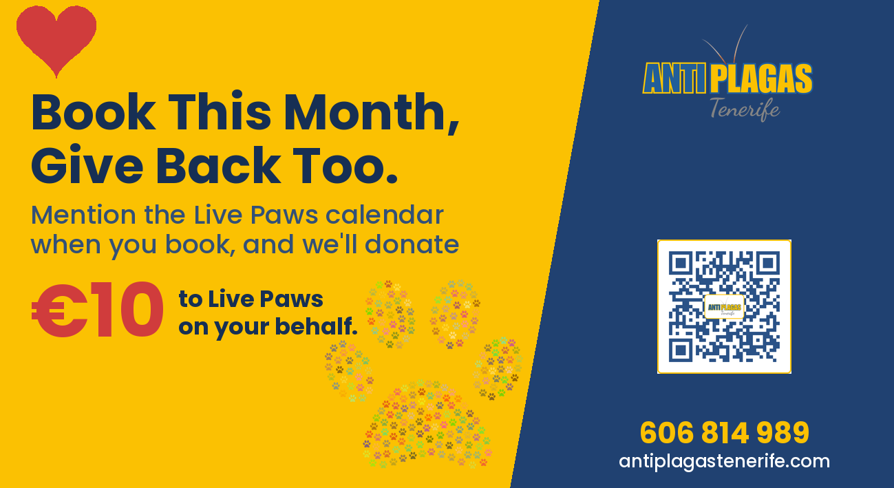 AntiPlagas Tenerife donates €10 to Live Paws dog rescue for every booking mentioning the calendar